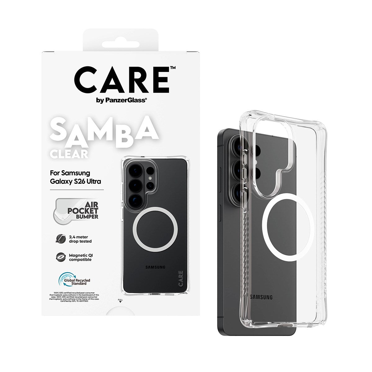 CARE™ by PanzerGlass® Samba Case Transparent m. Weiss Qi Samsung Galaxy S26 Ultra